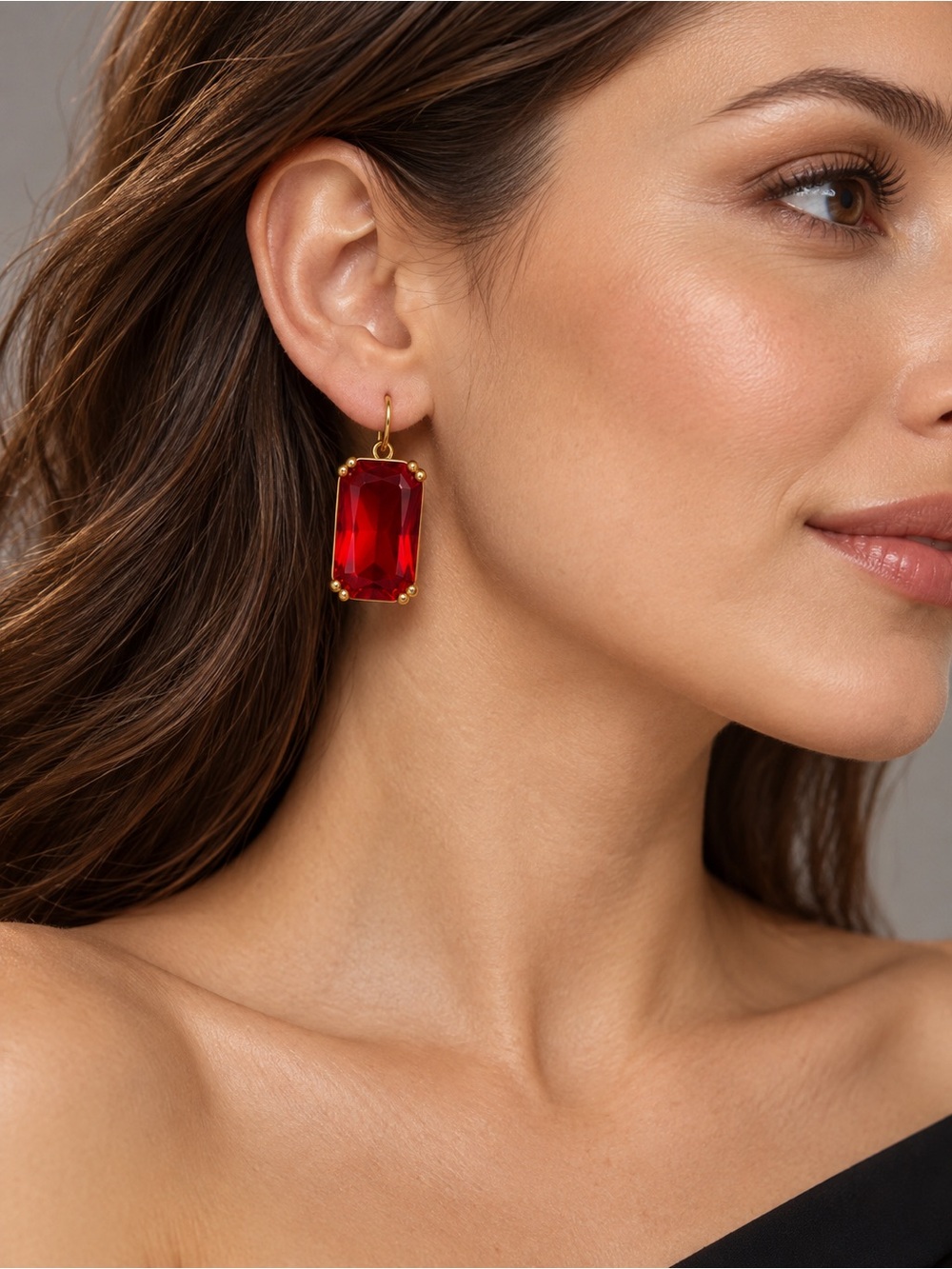 Swarovski Gold-Tone Earrings with Deep Red Octagon Crystal